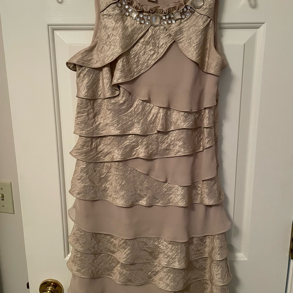Elegant Layered Beige Dress with Jewel Neckline